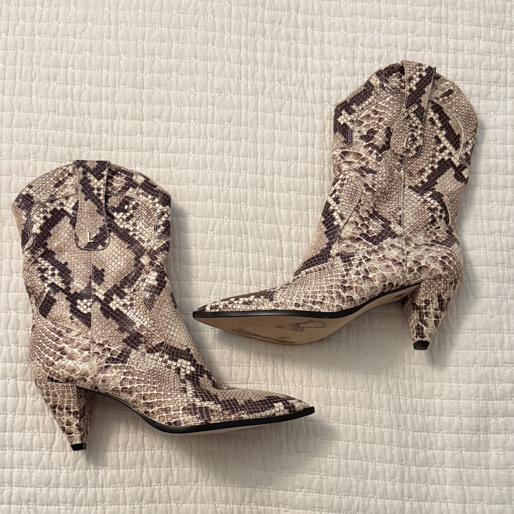 Larroude Snake-Print Pointed Western Ankle Boots - Beige/Brown